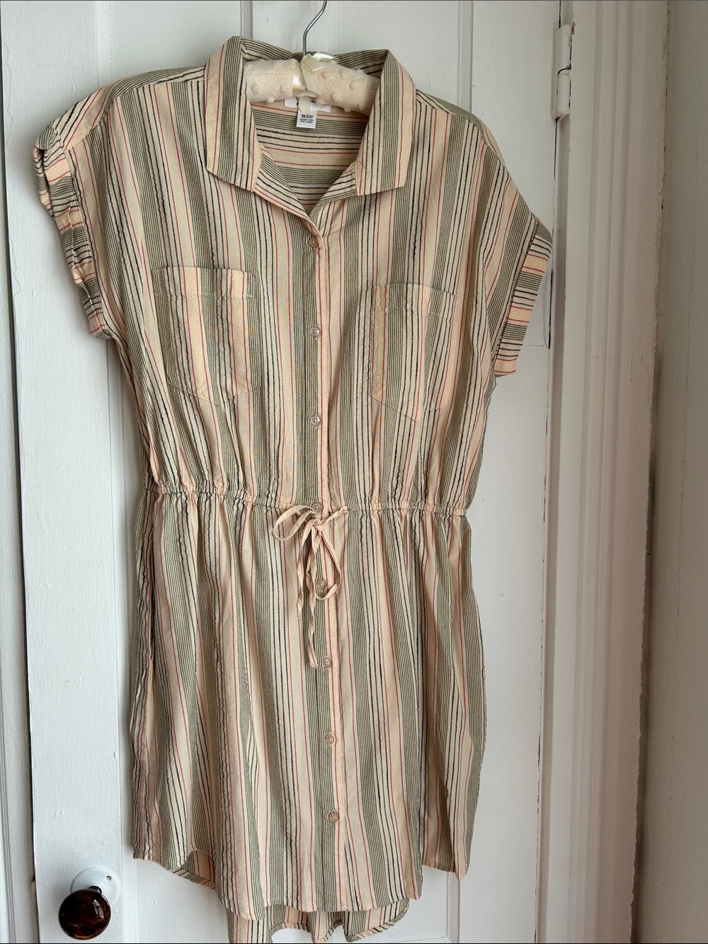 Striped Button-Front Drawstring Shirt Dress in Cream and Green